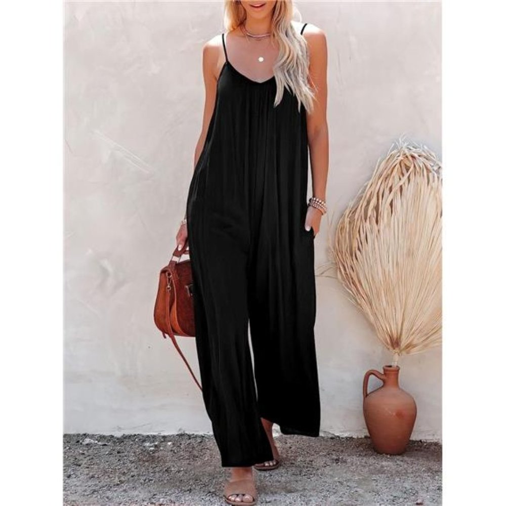 Loose Casual Sleeveless Spaghetti Strap Stretchy Wide Leg Rompers with Pockets